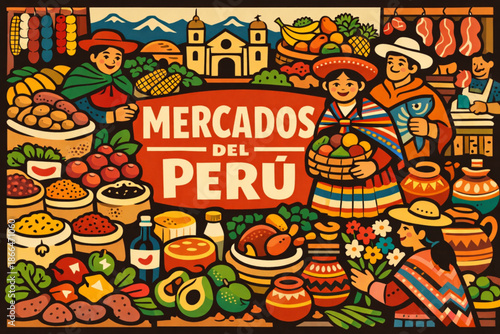 Vector illustration of Peruvian coast with beaches waves and graphic style including text Peru litoral