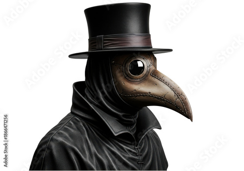 Steampunk plague doctor mask and top hat isolated on transparent background