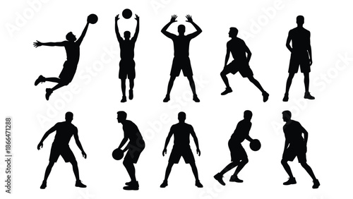 Collection of vector silhouettes depicting basketball players in different game actions