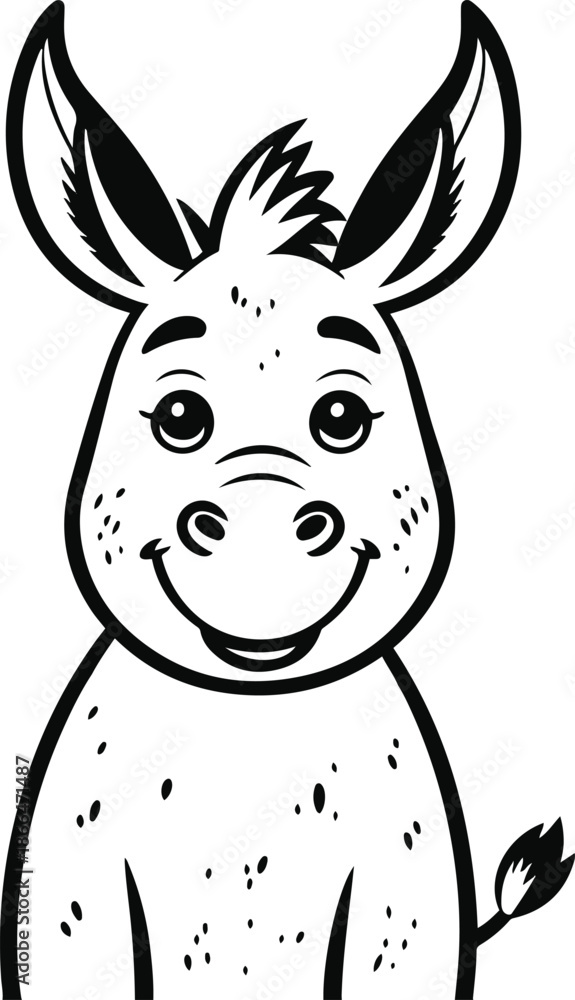 Fototapeta premium A cute donkey character illustrated in clean black and white vector style, simple rounded shapes, friendly expression, bold consistent stroke, no shading, no gradients, isolated on white background, 2