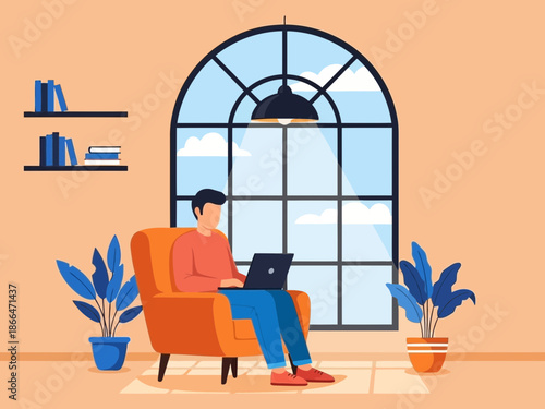 Man sitting in armchair working on laptop by large arched window at home interior