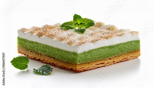 peppermint crisp tart served in a square slice with visible mint layers and cream isolated on a white background