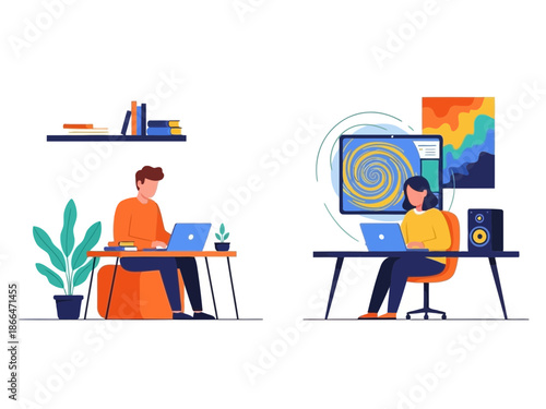 Two men working on laptops at home office desks with plants and books