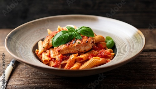 a bowl of creamy tomato pasta with grilled chicken and fresh basil served on a rustic wooden table