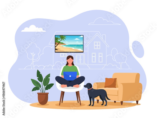 Woman sitting crosslegged on stool working on laptop with dog and tv showing beach scene