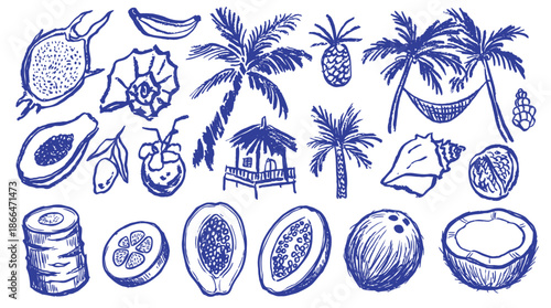 Blue Charcoal Style Tropical Doodle Set. Grunge Rough Sketch of Palm Trees, Exotic Fruit, and Seashells. Hand Drawn Vector Art for Bali Thailand Vacation Theme Placard and Poster Graphics.