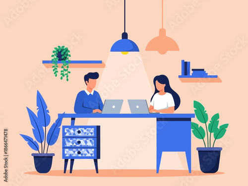 Two people working on laptops at blue desk with plants and shelves in modern office