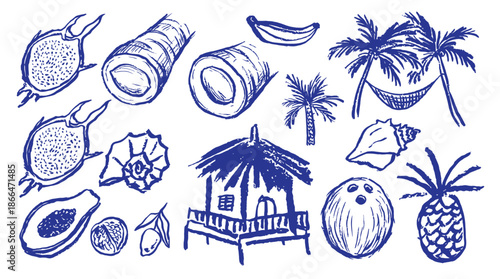 Blue Charcoal Style Tropical Doodle Set. Grunge Rough Sketch of Palm Trees, Exotic Fruit, and Seashells. Hand Drawn Vector Art for Bali Thailand Vacation Theme Placard and Poster Graphics.