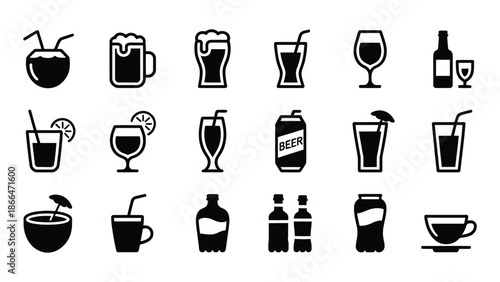 A set of black and white icons illustrating different types of beverages including beer, cocktails, and coffee