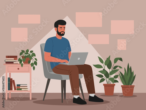 Man sitting on chair working on laptop with plants and table nearby in room
