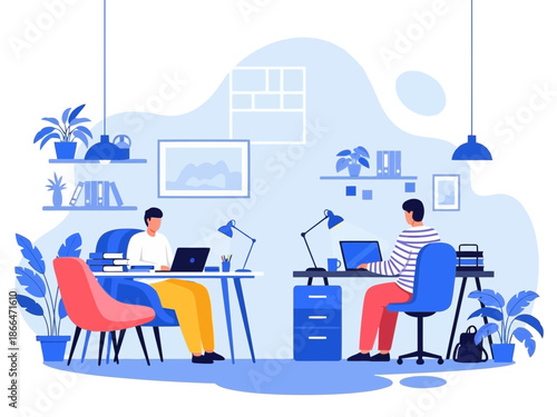 Two people working on laptops at desks in a modern office setting with plants and shelves