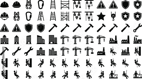 Grid of black construction and safety icons featuring gear, tools, infrastructure, and worker actions for industrial branding