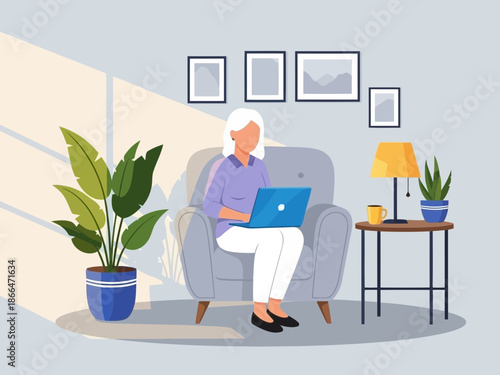 Woman sitting in armchair with laptop and plants in a cozy home environment