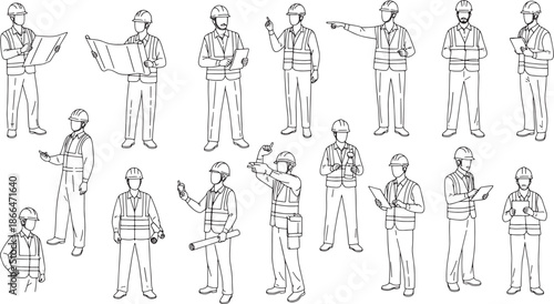 Set of construction workers and engineers line art for architectural site plans, scale figures of builders with safety helmets and blueprints for civil engineering renderings.