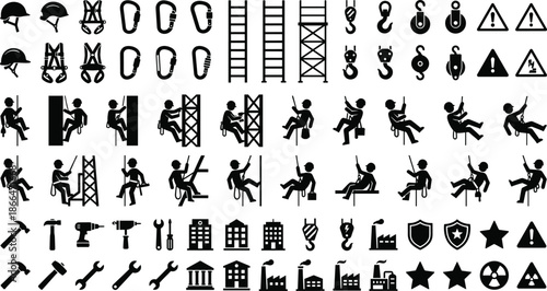 Grid of black construction and safety silhouette icons with gear, tools, hazards, and worker actions for industrial branding