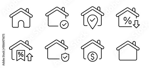 Set of real estate and house icons set with check, location, income, price, discount and security symbols . home, sale, and property symbols for architecture and building apps. editable stroke