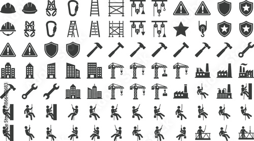 Grid of black construction and safety icons with gear, tools, buildings, and worker actions for industrial branding