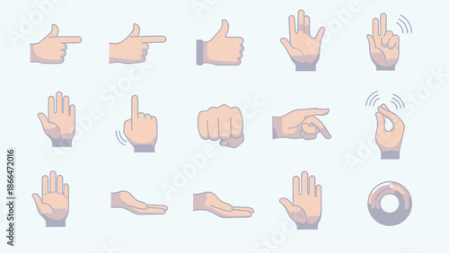 Collection of diverse hand gestures including thumbs up, wave, and point in a bright studio.