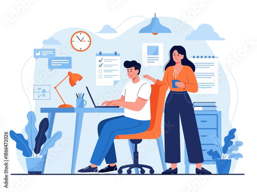 Illustration of a man and woman working together in an office setting with modern furniture and decor