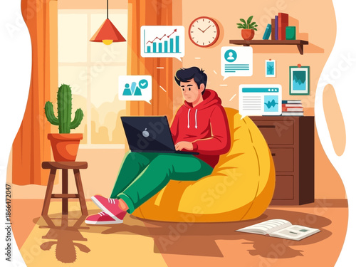 Man sitting on yellow bean bag chair working on laptop in living room