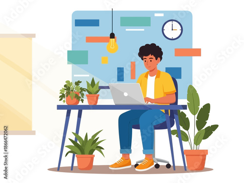 A cartoon man sitting at a desk with a laptop and plants around him in a colorful office setting with a blue wall