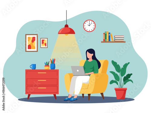 Woman sitting in yellow armchair with laptop on red dresser beside her