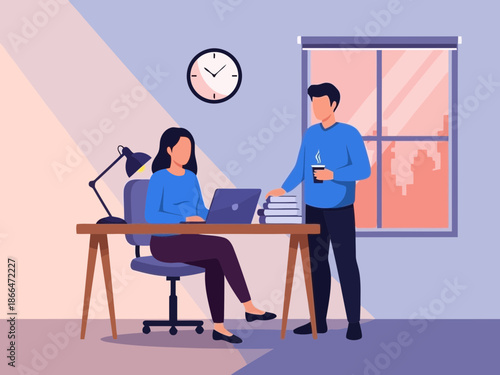 Two colleagues interacting in office setting with laptop and clock on wall