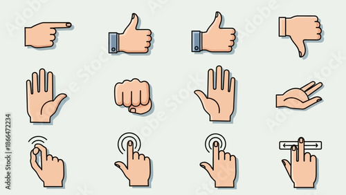 Collection of various hand gestures for touch screen interaction, in bright studio.
