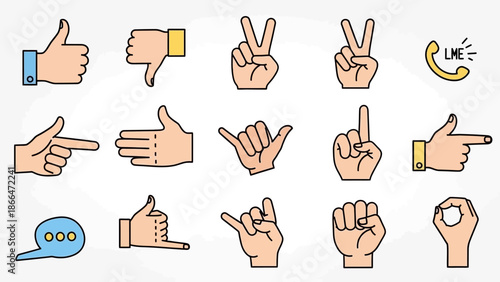 Comprehensive set of diverse human hand gestures for communication, in bright studio.