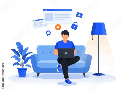 Man sitting on couch with laptop and icons floating around him at home