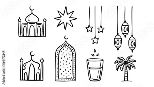 Islamic holiday illustrations featuring mosques lanterns and ramadan symbols in a modern line art style for cultural and religious celebrations