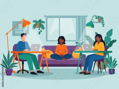 Three colleagues working on laptops in office setting with plants around them