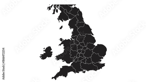 Detailed Solid Black Map of United Kingdom with Administrative Divisions in Bright Studio