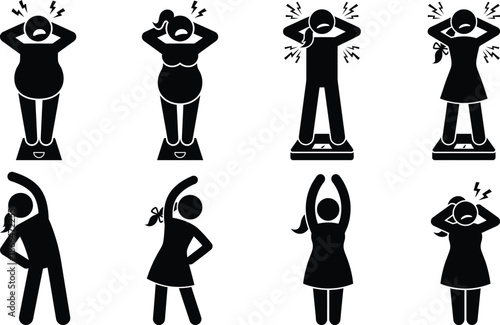 People exercising on weighing scale in various poses