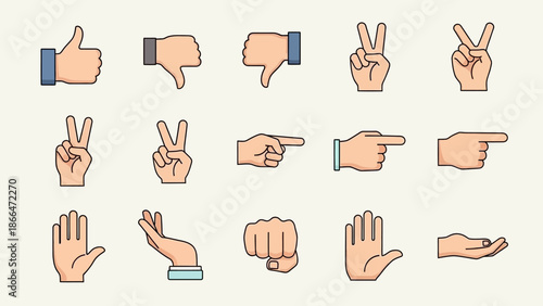 Colorful Set of Human Hand Gesture Icons with Outline and Color Fill for Communication in Bright Studio