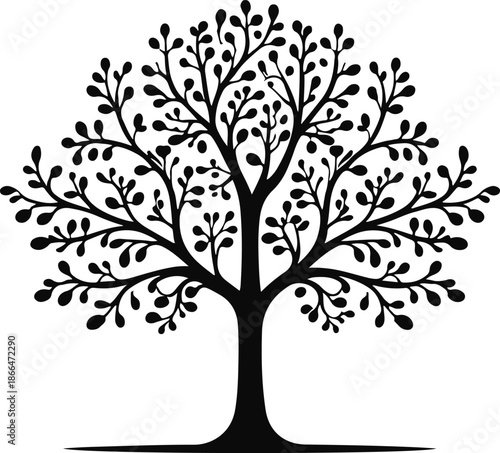 Generic tree silhouette drawn as monochrome vector, balanced branches, dense foliage shape, flat design, no textures or shading, isolated on white background 1
