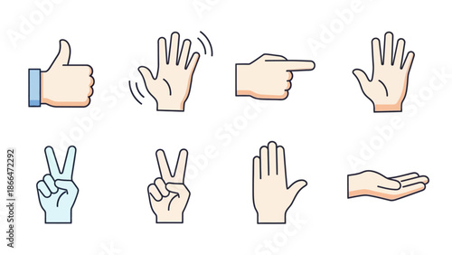 Set of Colorful Human Hand Gesture Icons with Outline and Color Fill in Bright Studio
