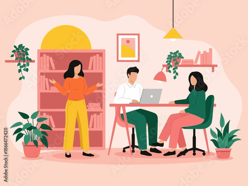 Illustration of three colleagues interacting in a cozy office space with a bookshelf and plants adding a touch of warmth and personality