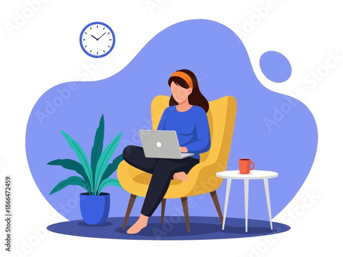 Woman sitting on yellow armchair with laptop on small white table beside her at home