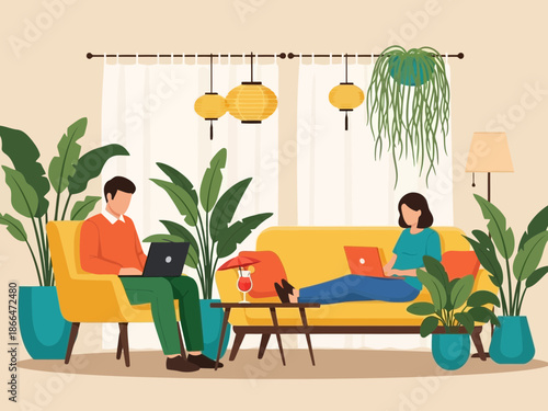 Man and woman sitting on yellow sofa with laptops surrounded by plants at home