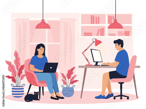 Couple working on laptops in modern home office with pink decor and plants