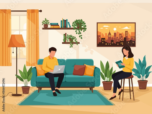 Two people sitting on couch and stool with laptops in a cozy living room with plants