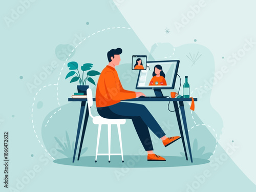 Man sitting at desk working on laptop computer with video call on screen