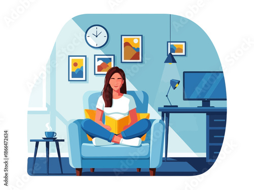 Woman sitting in armchair reading book in living room with clock and pictures on wall