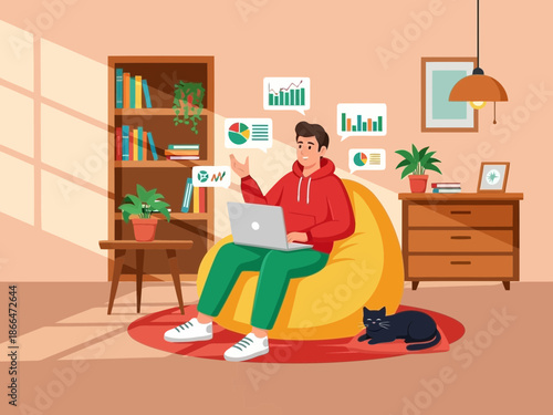 Man sitting on bean bag chair with laptop and graphs in living room setting with bookshelf