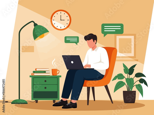 Man sitting on chair working on laptop with green lamp and clock on wall nearby in home office