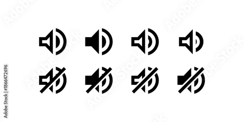 Speaker volume and mute icon set for audio interface, sound control symbols. Features sound on and sound off signs for UI, UX, apps, media players and web design