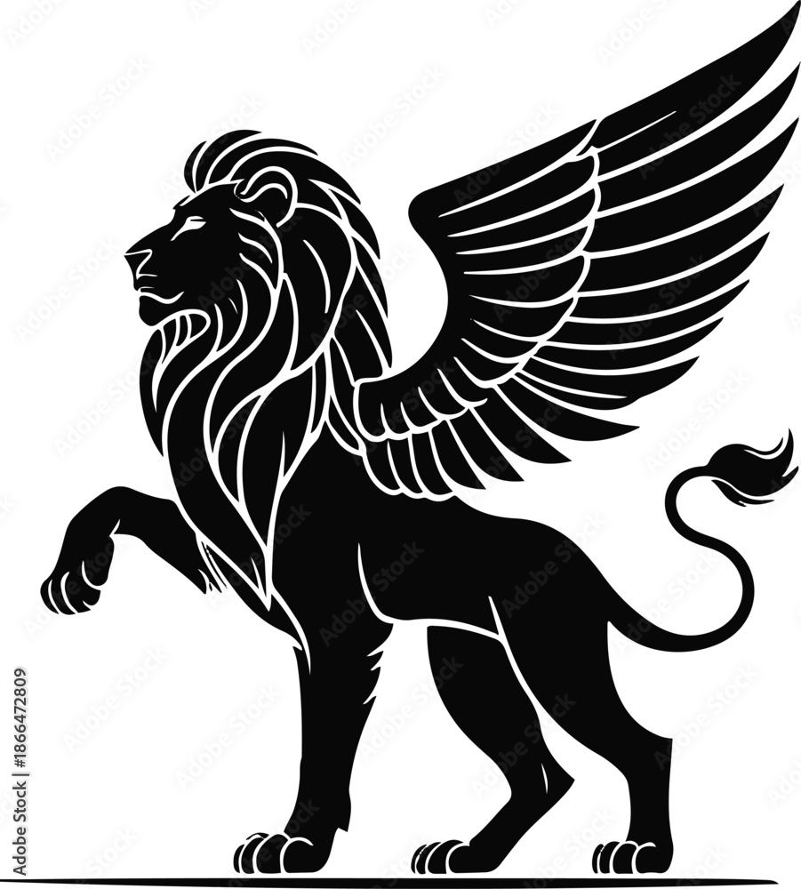 Fototapeta premium Fantasy winged lion symbol illustrated as minimalist black and white vector, bold shapes, no shading, no background, scalable SVG design 1