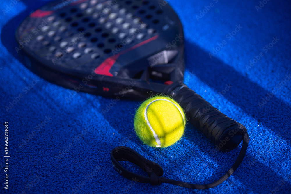 Obraz premium Padel tennis racket with ball. Background with copy space. Sport court and balls. Download a high quality photo with paddle for the design of a sports app or social media advertisement
