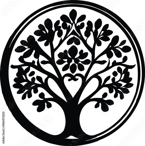 Decorative tree emblem designed in monochrome vector, rounded foliage mass, strong contrast, flat graphic style, Adobe Stock compliant